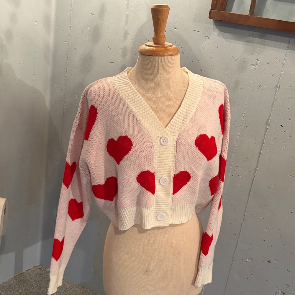 SHEIN Cream Cardigan with Red Heart Design